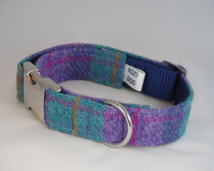 Handmade Harris Tweed Dog Collar - Purple-Jade Tartan 
