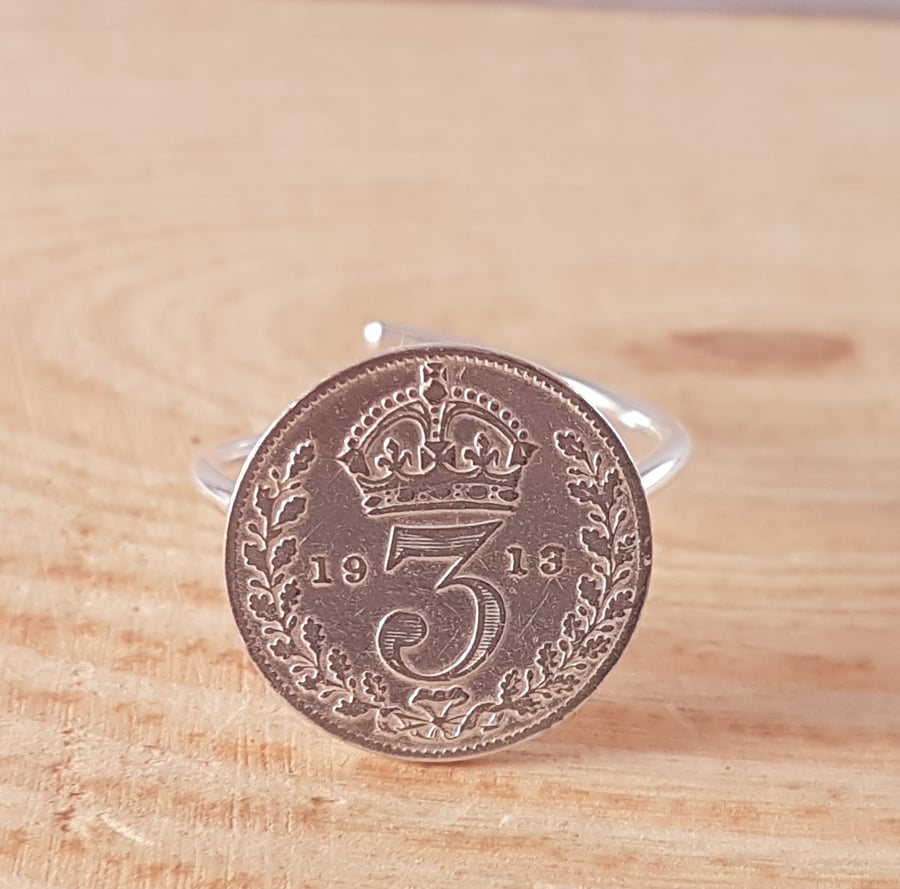 Sterling Silver 1913 Threepence Adjustable Ring