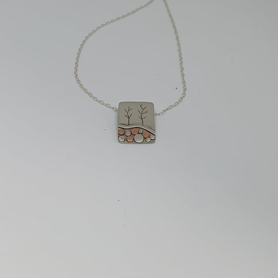 Sterling silver and copper necklace - Trees on the riverbank