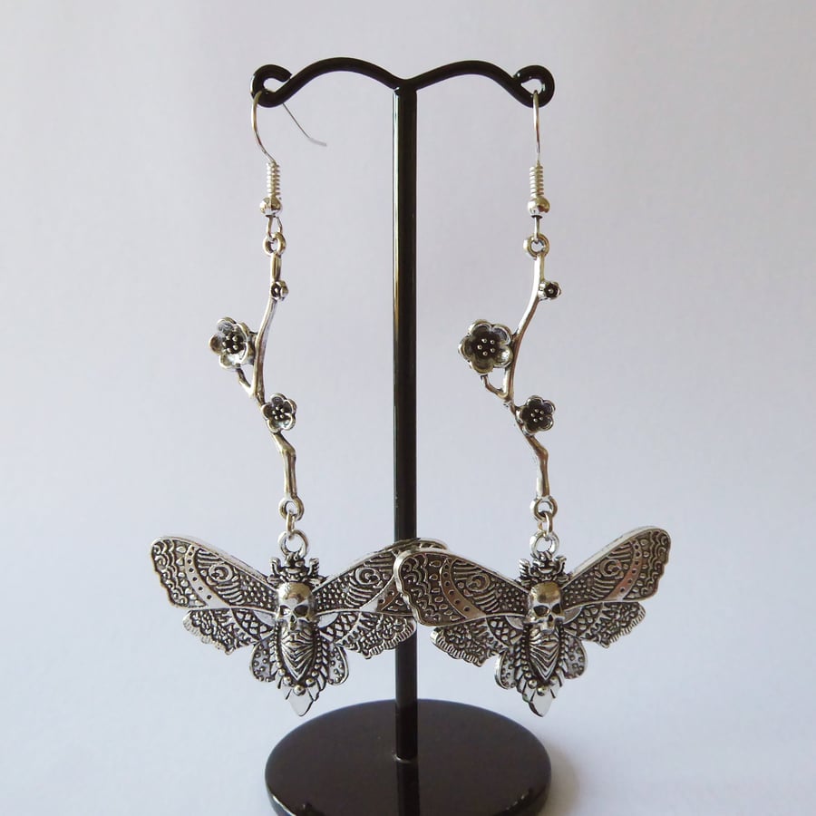 Flower Stem with Deaths Head Moth Earrings & silver plated ear wires