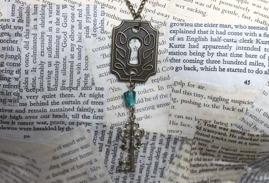 Steampunk Keyhole Charm and Key Charm Turquoise Bead Gold Necklace