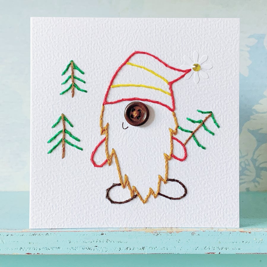 Hand Stitched Card. Gnome Card. Scandinavian Design. Christmas Card.