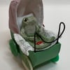 Tiny Hand Knitted Frog (Dot Pebbles Pattern) in Handmade Pram