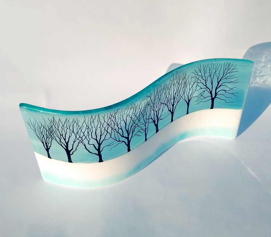Winter Trees fused glass wave