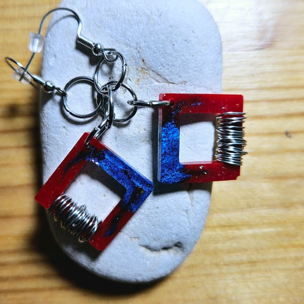 Square earrings made of epoxy resin in red-blue colours, unique handmade gift 