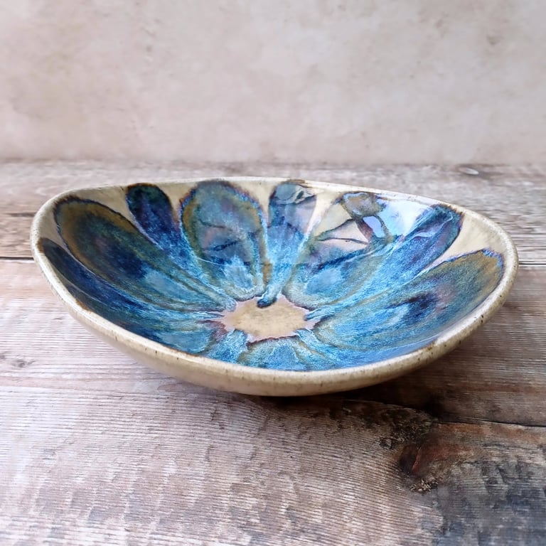Handmade Pottery bowl, in shades of blue and sand 
