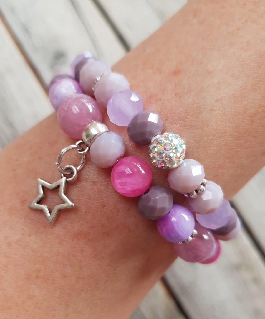Elasticated Bracelet Stack - Star Tie Dye Jade & Crystal Mixed Bead - Set of Two