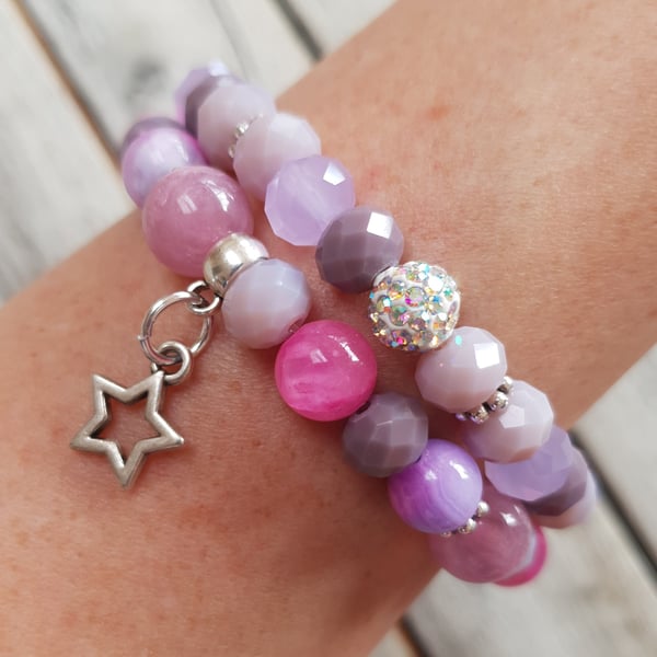 Elasticated Bracelet Stack - Star Tie Dye Jade & Crystal Mixed Bead - Set of Two