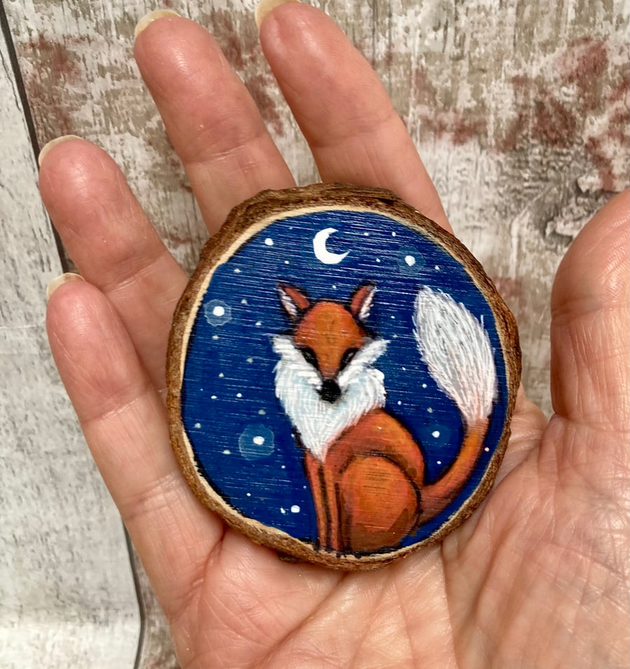 Moonlight Fox Painting On Wood Slice Hand Painted Fridge Magnet Original Art