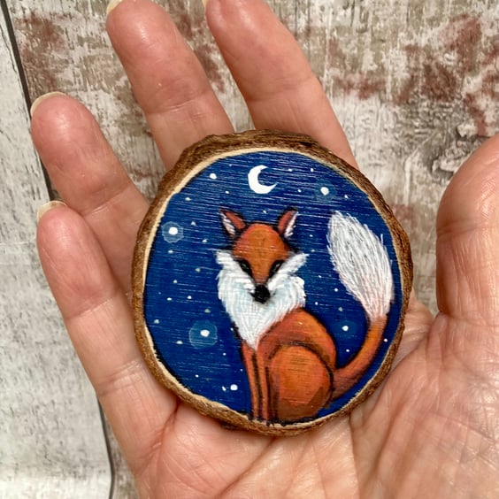 Moonlight Fox Painting On Wood Slice Hand Painted Fridge Magnet Original Art