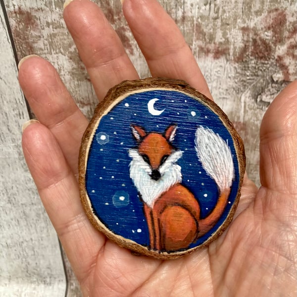 Moonlight Fox Painting On Wood Slice Hand Painted Fridge Magnet Original Art