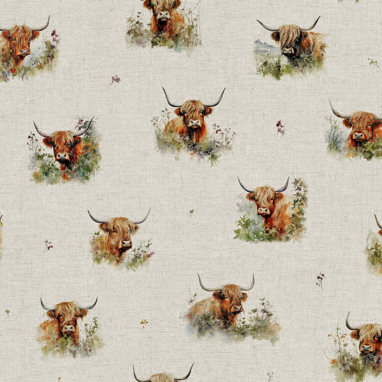 Highland Cows Print Cotton Rich Linen Look Craft Fabric Material