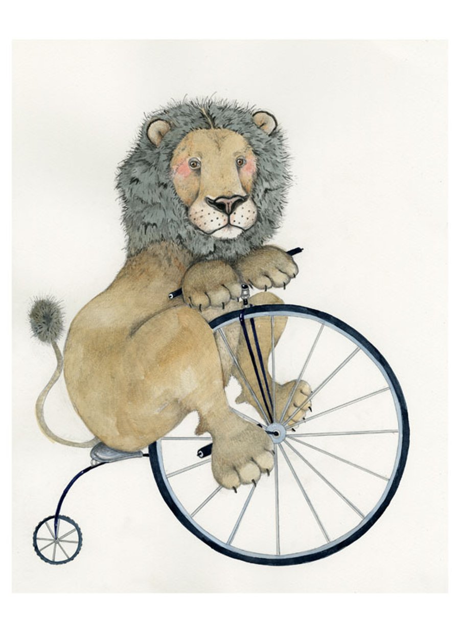 Lion on a Penny Farthing illustration A3 Giclee Print
