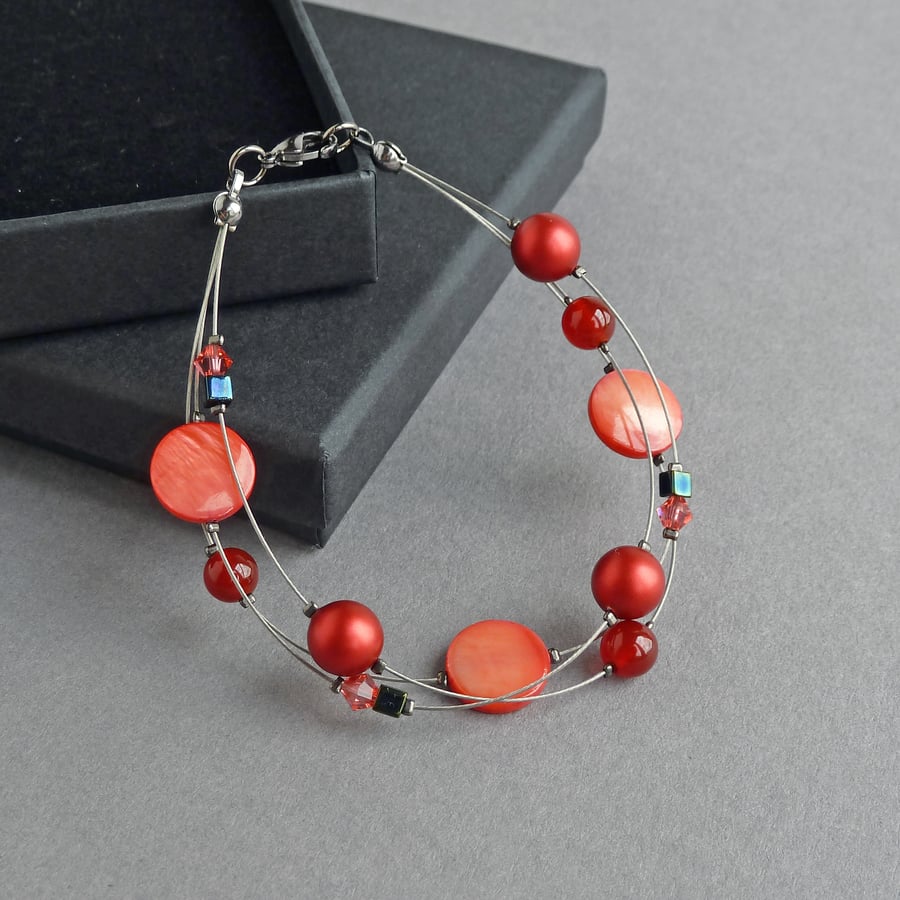Bright Red Multi-strand Bracelet - Coral Red Three Strand Bracelets - Jewellery