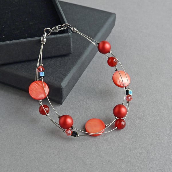Bright Red Multi-strand Bracelet - Coral Red Three Strand Bracelets - Jewellery