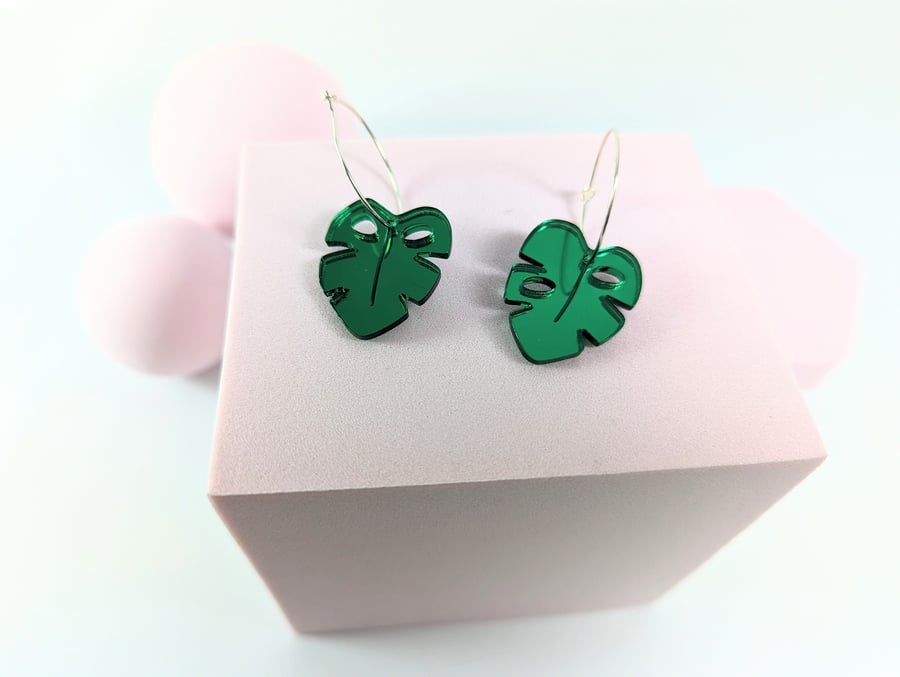Monstera earrings in green mirror acrylic hoop earrings Sterling silver hoops
