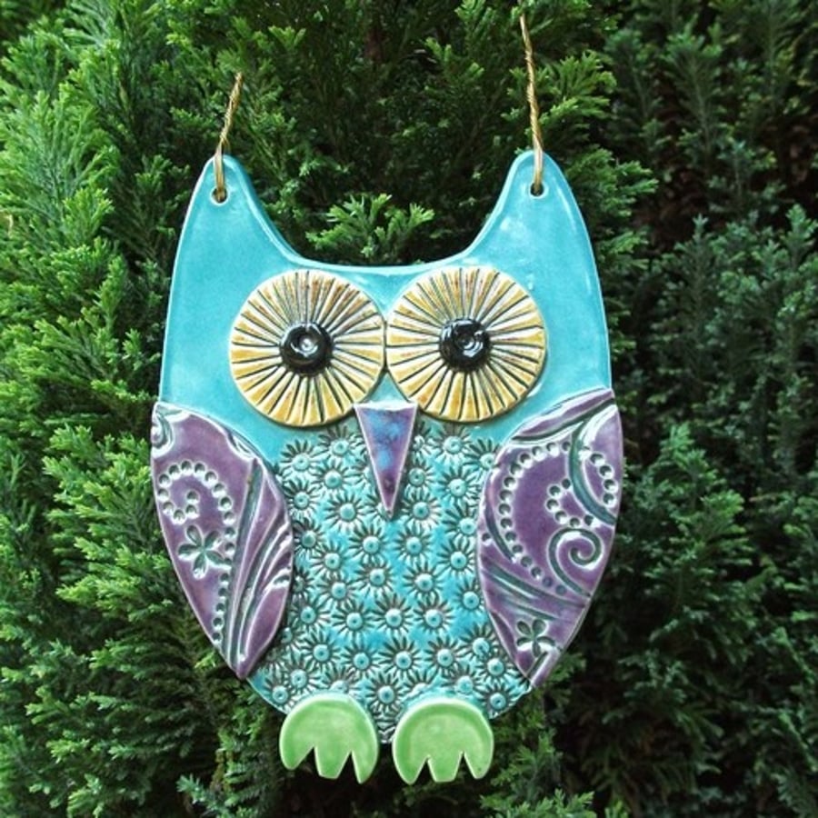 Ceramic owl hanging decoration blue