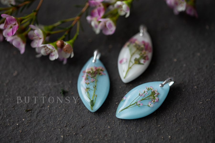 Alyssum Necklace Turquoise Blue Pressed Flowers Real Flower Necklace Gifts For H