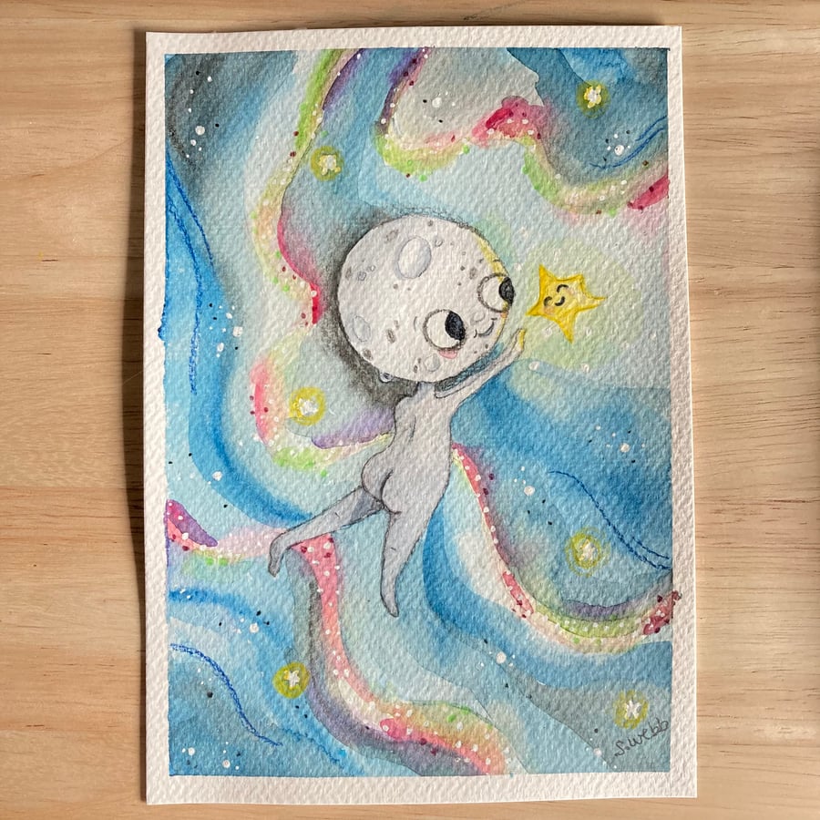 Full Moon painting, Stargazing watercolour paper, A5 original art.