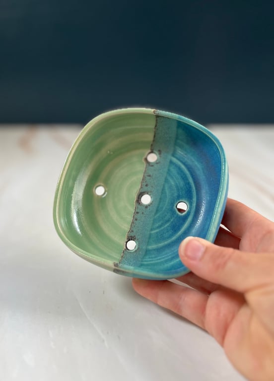 Ceramic Soap Dish - decorated in sea colours with green and turquoise glaze