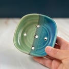 Ceramic Soap Dish - decorated in sea colours with green and turquoise glaze
