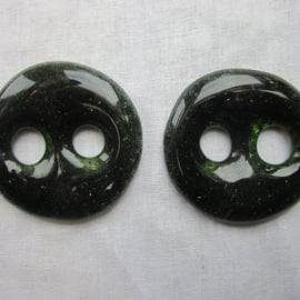 Handmade pair of cast glass buttons - Aventurine green shimmer