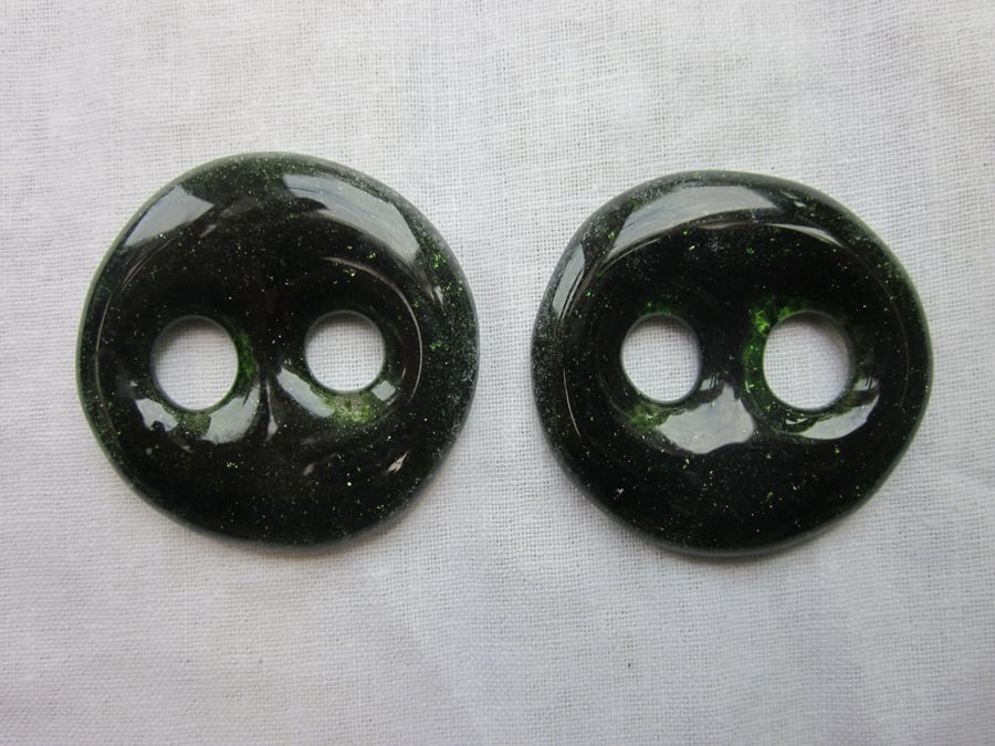 Handmade pair of cast glass buttons - Aventurine green shimmer