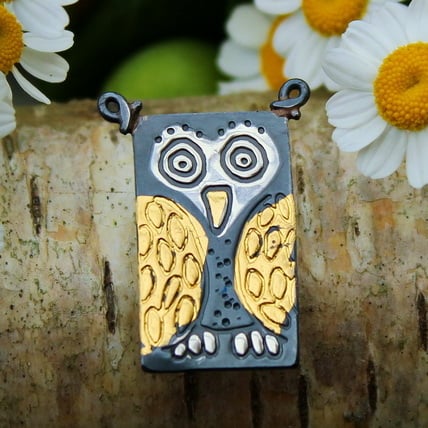 Owl brooch, pin, silver brooch, bird brooch, silver and gold brooch, Keum boo