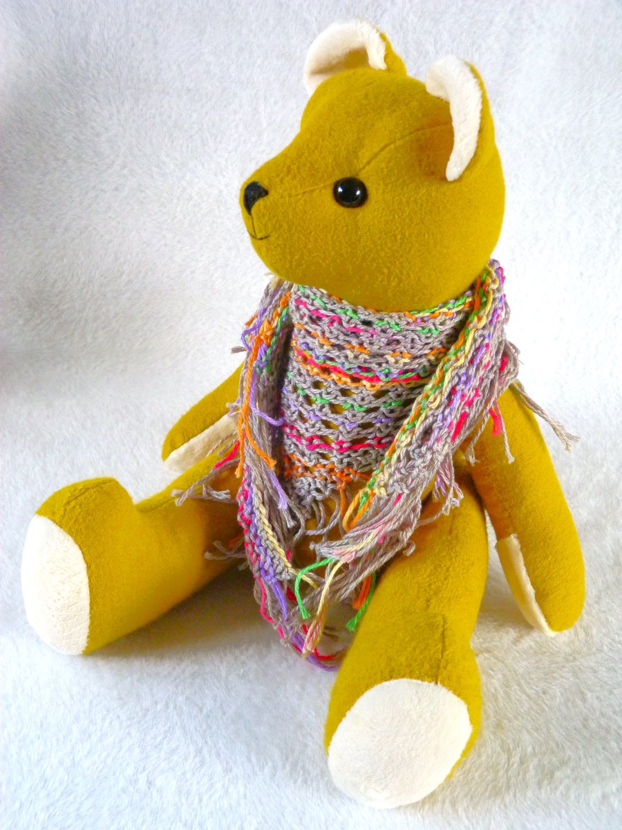 Piccalilli, a cute hand crafted button jointed bear with a knitted cotton shawl