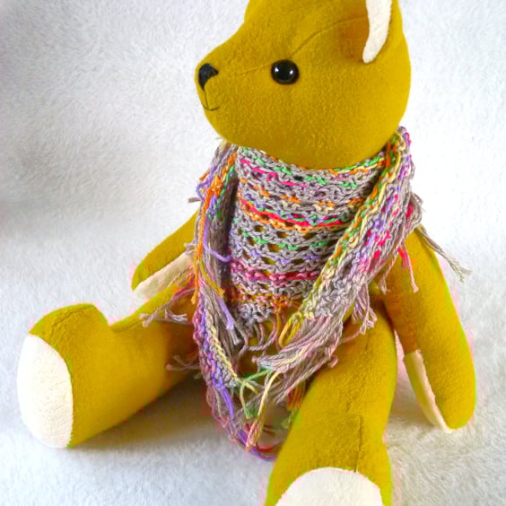Piccalilli, a cute hand crafted button jointed bear with a knitted cotton shawl