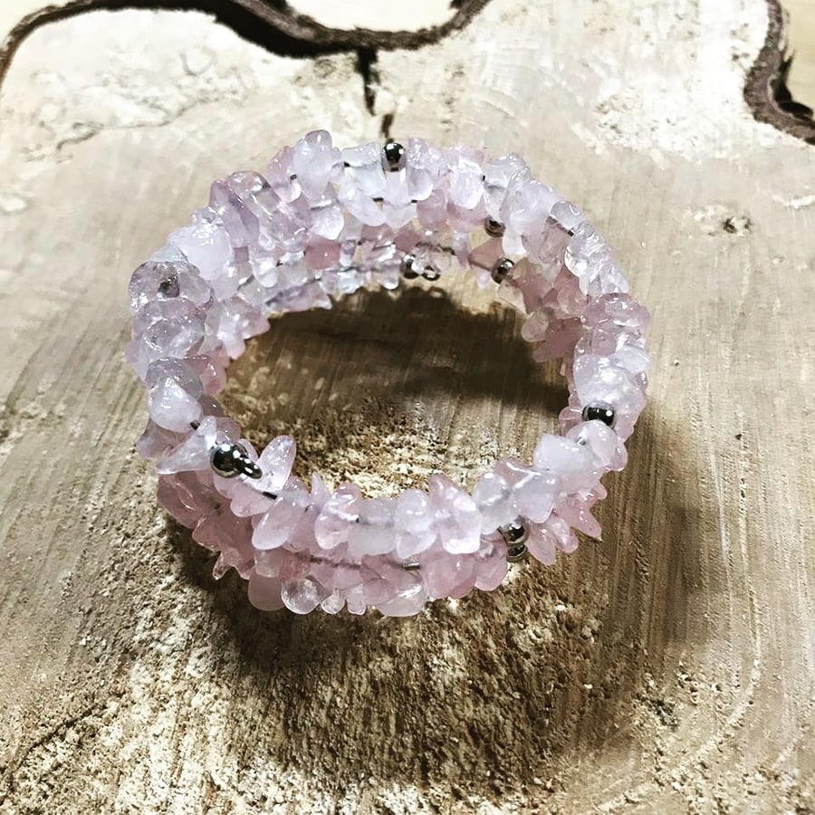 Rose Quartz Gemstone Memory Wire Wrap Bracelet (Made To Order)