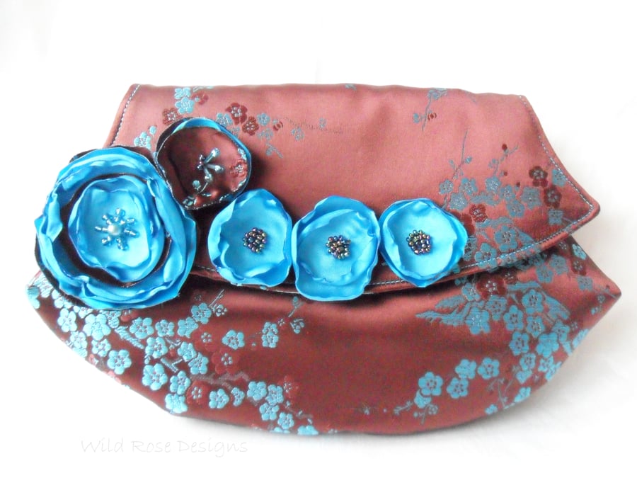 Clutch Bag in brown and teal satin