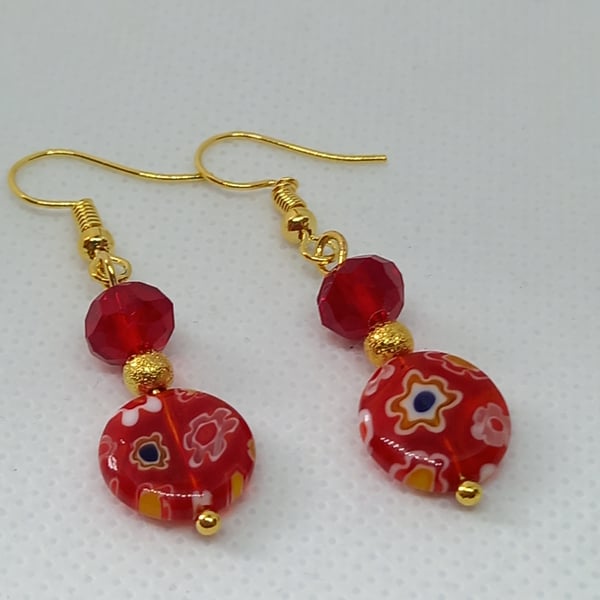 Red Millefiori Circle Earrings