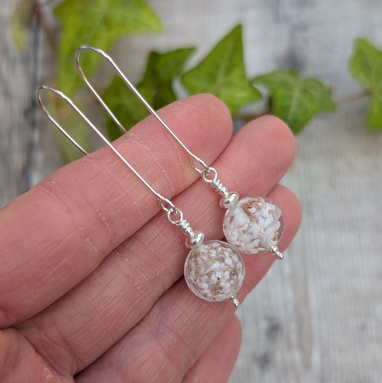 Sterling Silver White Aventurina Venetian Glass Long Earrings - JBJ1118