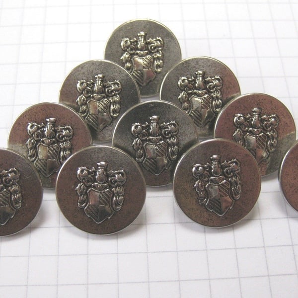 10 Small Silver Metal Coat of Arms Shank Buttons