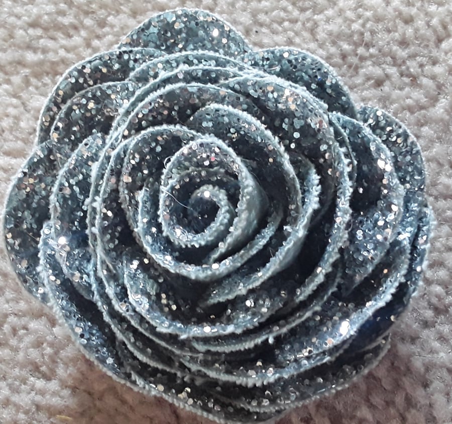 Homemade Silver Glitter Rose Brooch