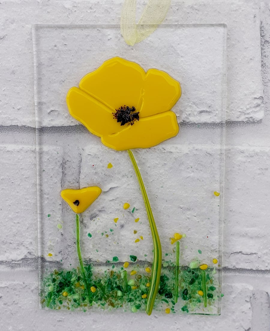 Fused glass yellow Welsh poppy suncatcher hanging decoration