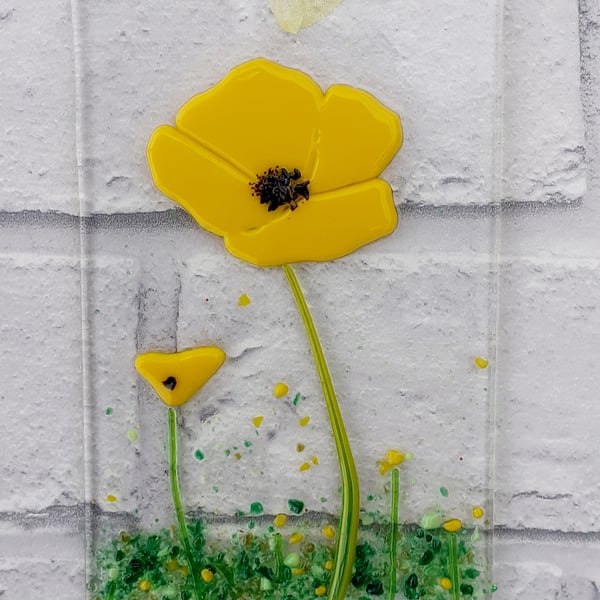 Fused glass yellow Welsh poppy suncatcher hanging decoration