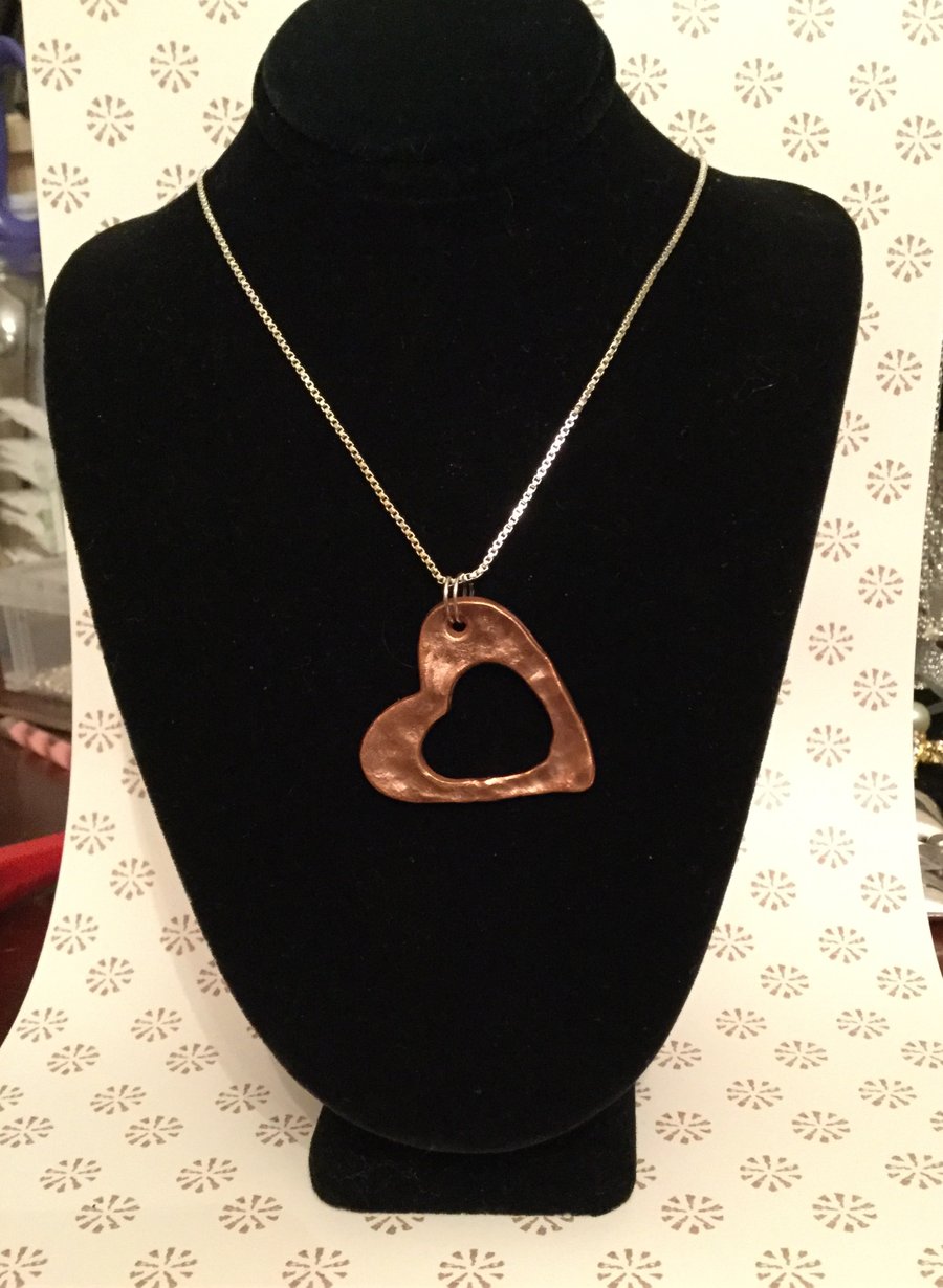 Hand crafted from scratch, copper open heart pendant 925 sterling silver chain