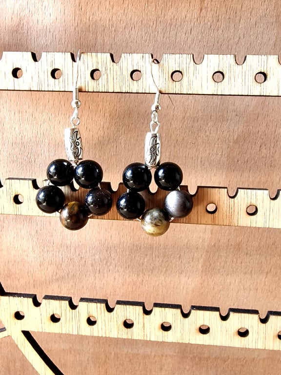 Onyx & Silver Hoop Drop Earrings, Handmade Stone Earrings, Black Gemstone Jewell