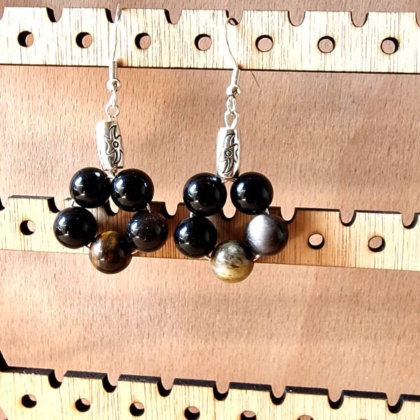 Onyx & Silver Hoop Drop Earrings, Handmade Stone Earrings, Black Gemstone Jewell