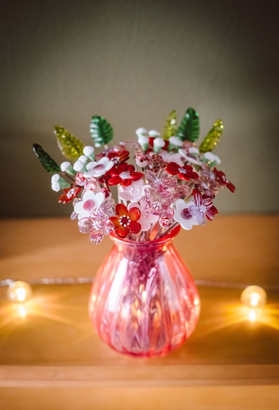 Valentines Bouquet of Handcrafted Lampwork Glass Flowers in a Beautiful Fuscia V