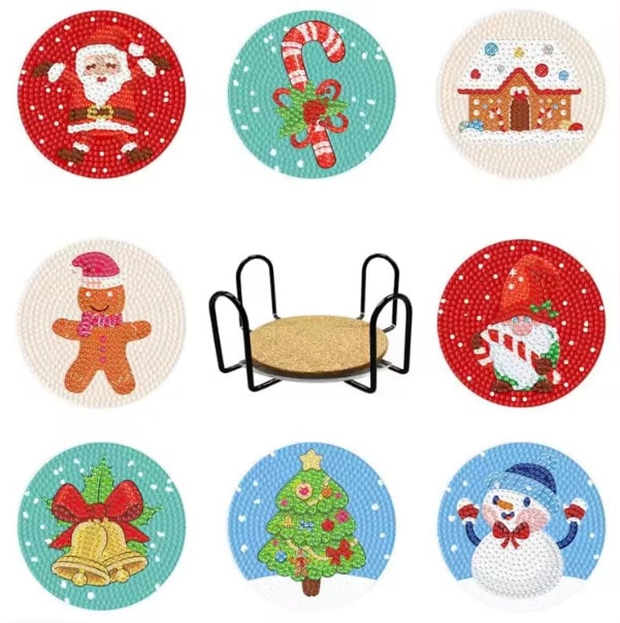 8pcs 5D Diamond Painting Kit Christmas Coasters DIY Festive Diamond Coasters Kit