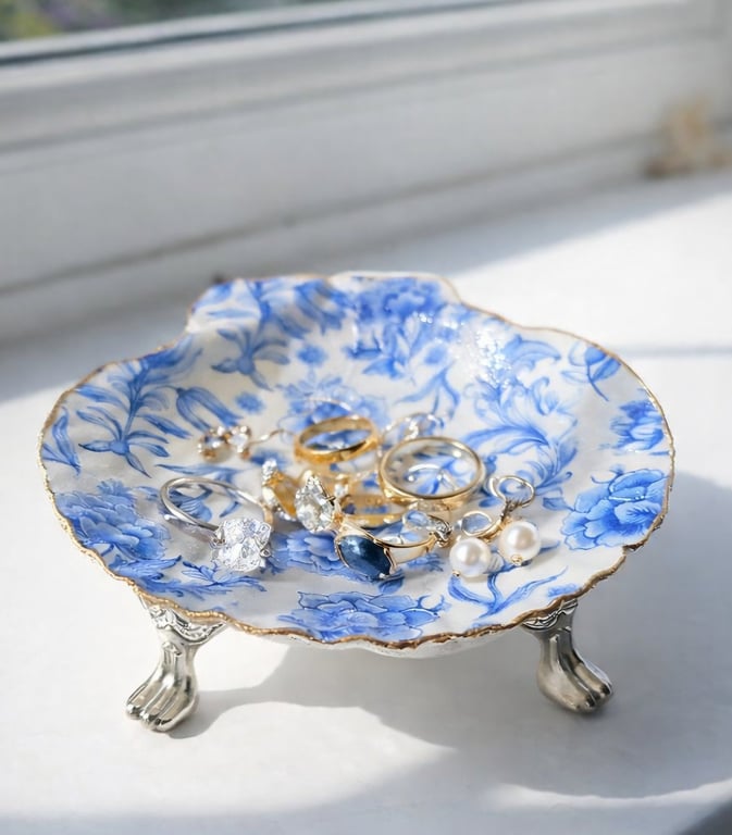 Handmade Scallop Shell Trinket Dish, Decoupage Shell with silver feet. 