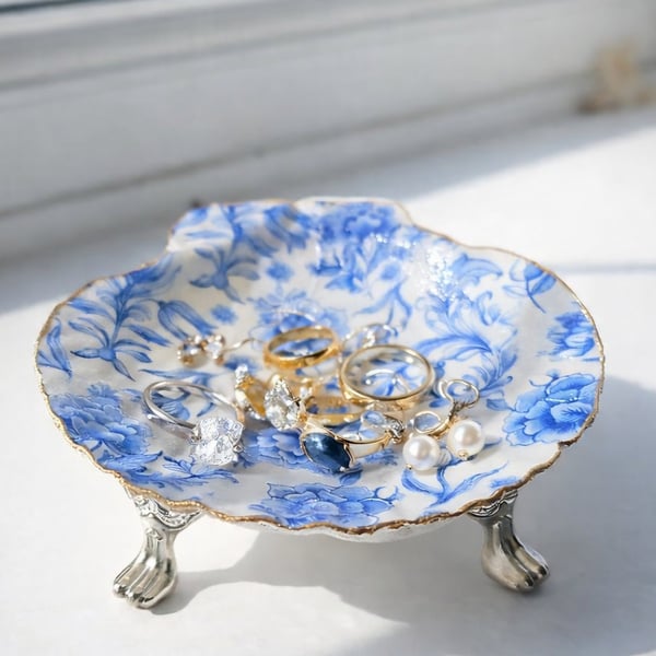 Handmade Scallop Shell Trinket Dish, Decoupage Shell with silver feet. 
