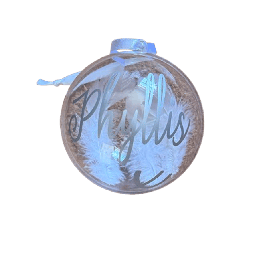 Christmas Memory Bauble, Personalised, Internal Feather. Memorial Tree Ornament.