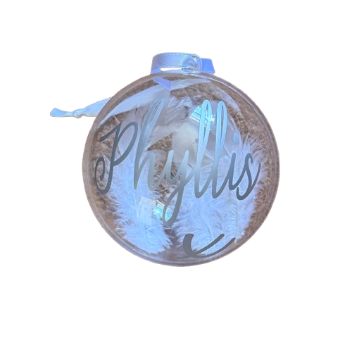 Christmas Memory Bauble, Personalised, Internal Feather. Memorial Tree Ornament.