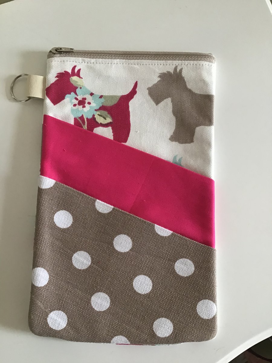 Tall triple pocket zipped bag- pouch. Scottie dog 