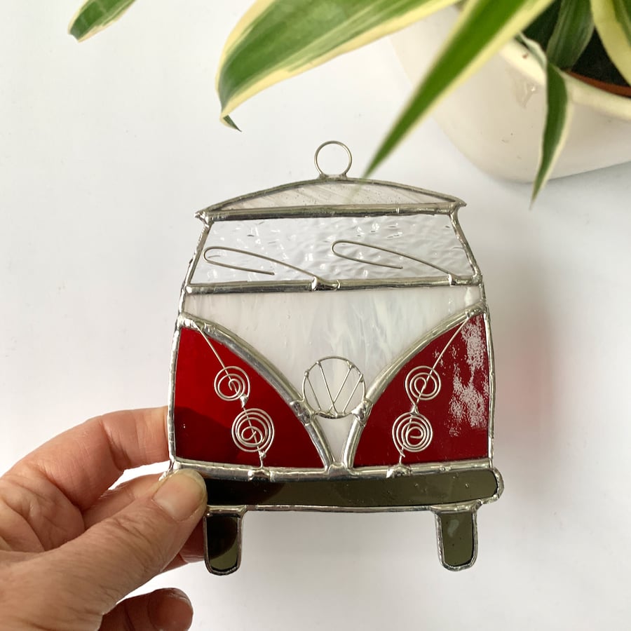 Stained Glass Camper Van Suncatcher - Handmade Decoration - Red and White