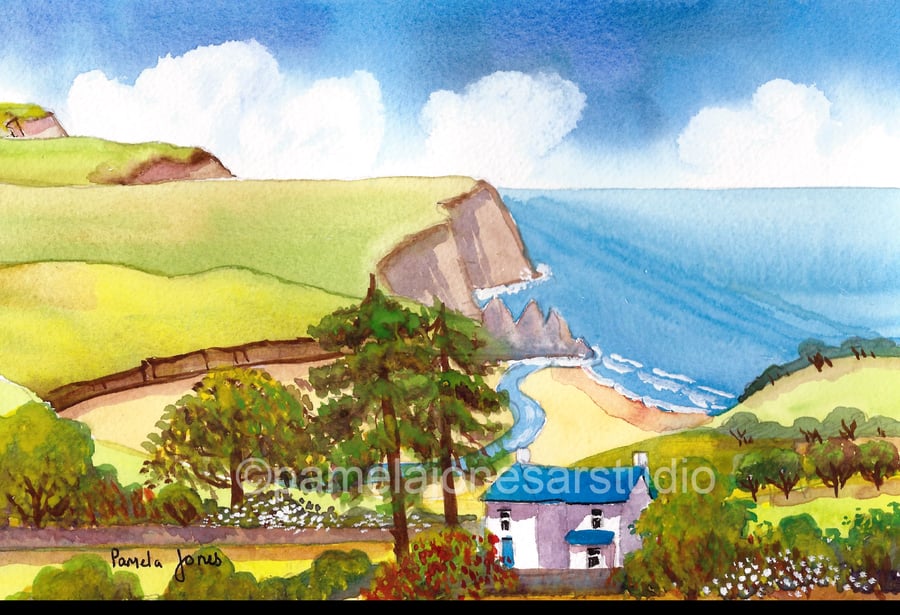 Cottage, Three Cliffs Bay, Gower, Original watercolour in 14 x 11 '' Mount